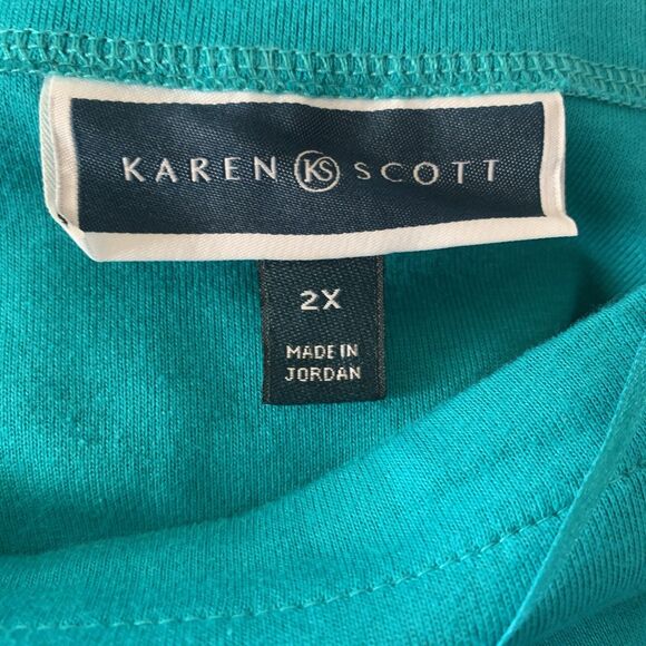 Karen Scott Tunic Top Plus Size 2X Teal Blue Boat Neck 100% Cotton 3/4 Sleeves - Picture 5 of 6